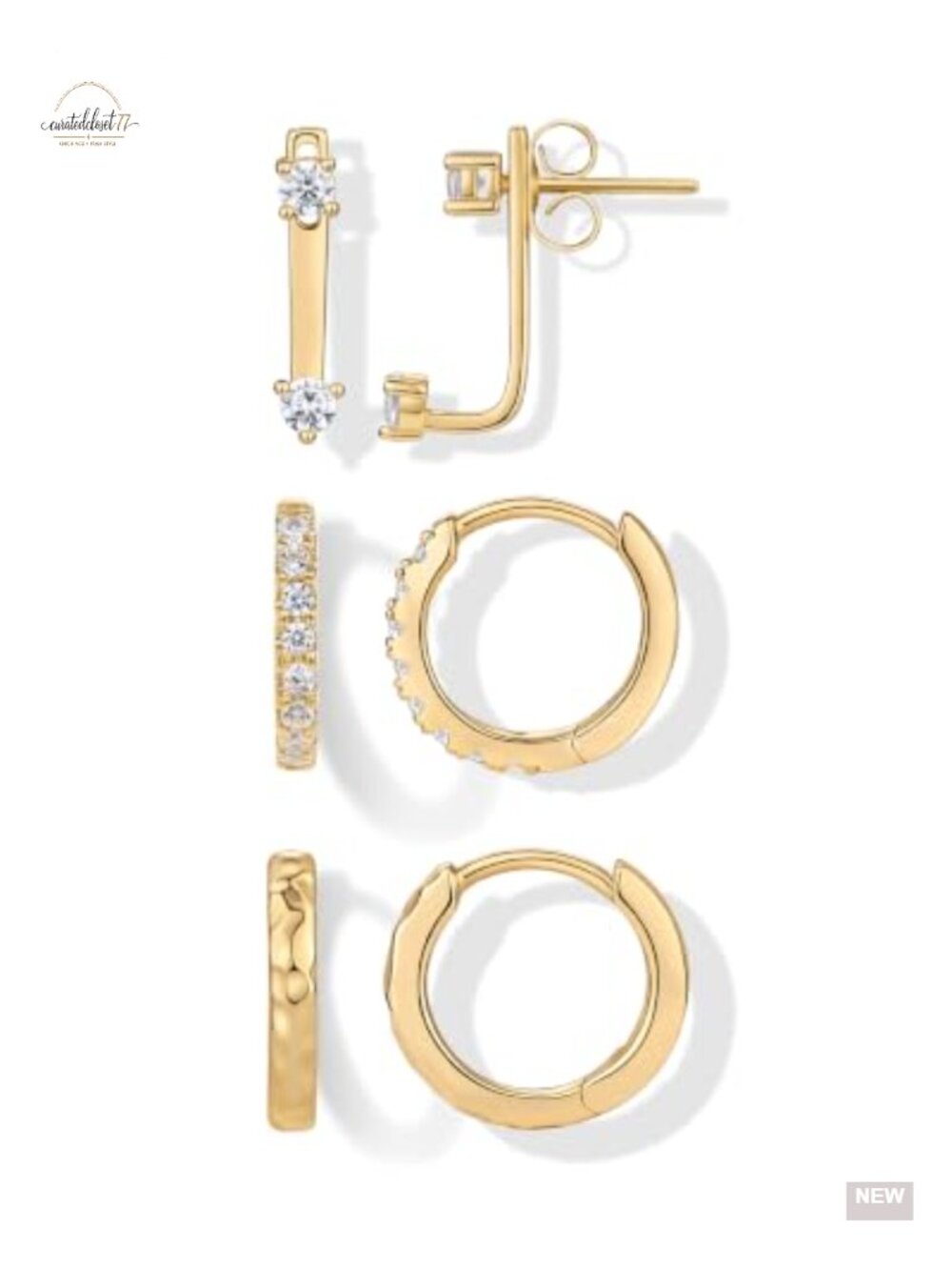 14K Gold Plated Huggie Earrings Set Women 3 Pack CZ Hoops